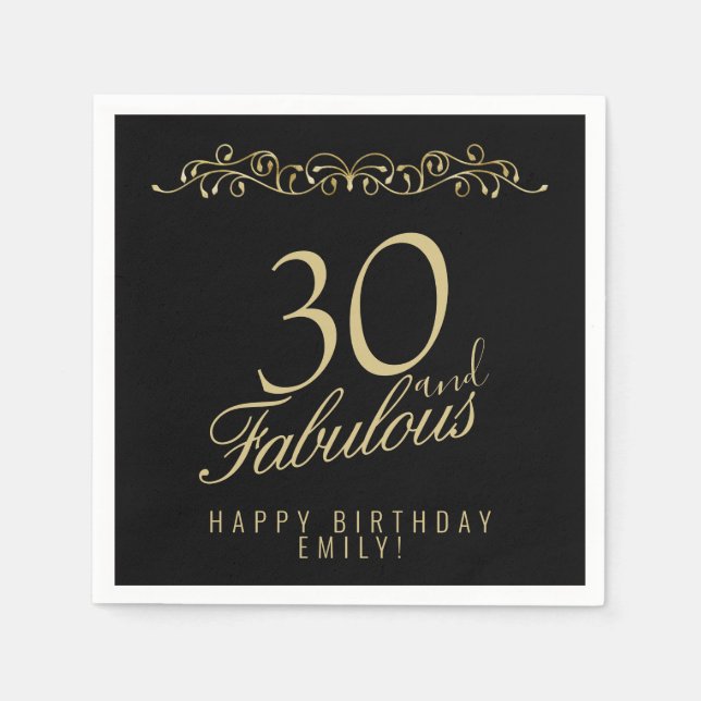 Elegant Black 30 and Fabulous 30th Birthday Napkins (Front)