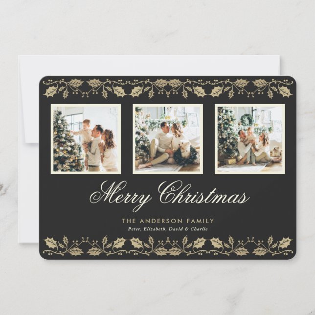 Elegant Black 3 Photo Merry Christmas Card (Front)