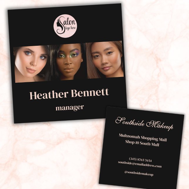Elegant Black 3 Photo Square Makeup Artist  Square Business Card (Creator Uploaded)