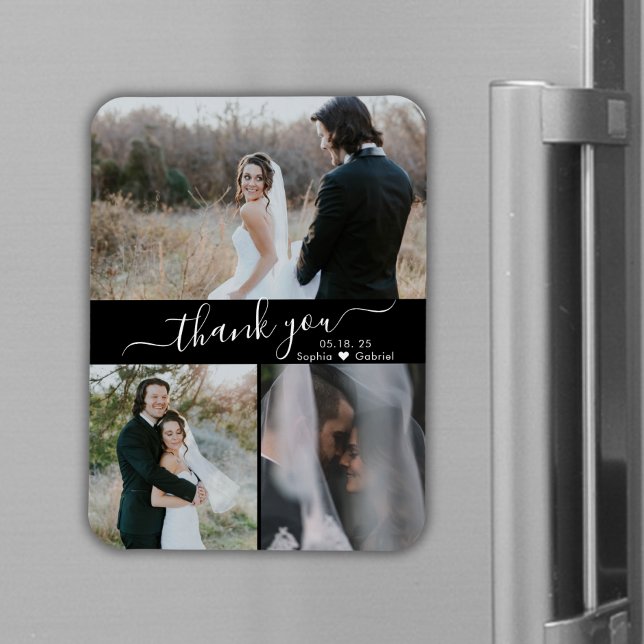 Elegant Black 3 Photo Wedding Thank You Magnet (Creator Uploaded)