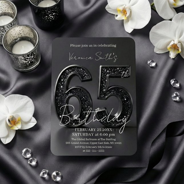 Elegant Black 3D Glitter Sparkle 65th Birthday Invitation (Creator Uploaded)