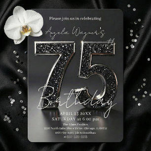 Elegant Black 3D Glitter Sparkle 75th Birthday Invitation