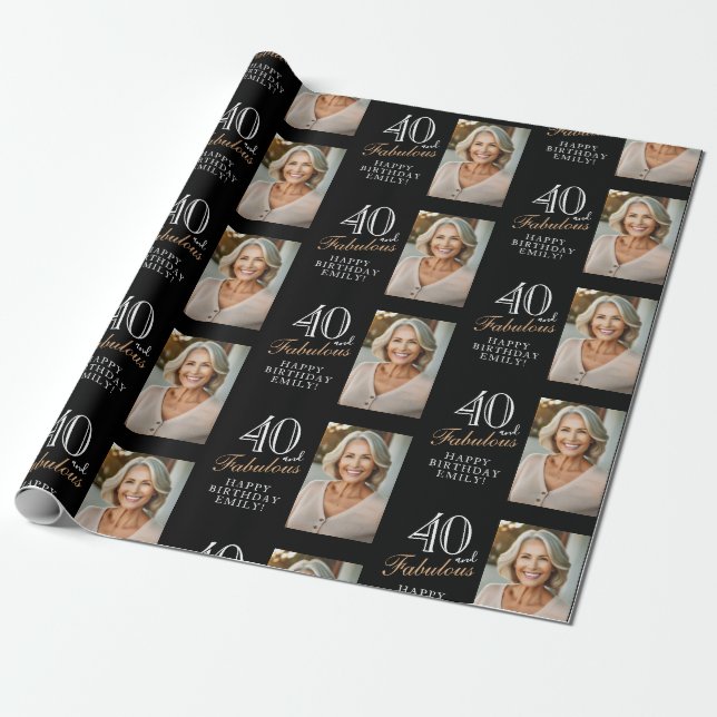 Elegant Black 40 and Fabulous 40th Birthday Photo Wrapping Paper (Unrolled)