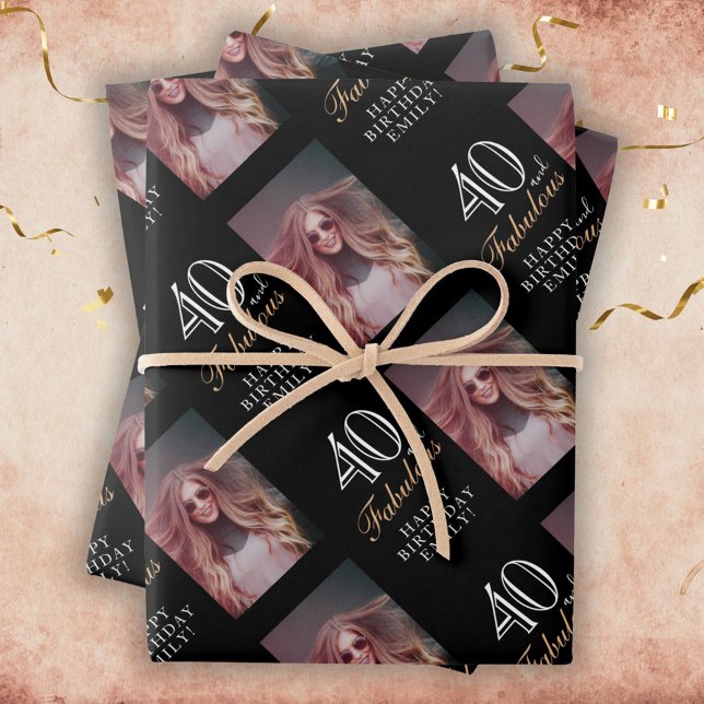 Elegant Black 40 and Fabulous 40th Birthday Photo Wrapping Paper Sheets (Creator Uploaded)