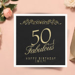 Elegant Black 50 and Fabulous 50th Birthday Napkins<br><div class="desc">Elegant Black 50 and Fabulous 50th Birthday Napkins. 50 and fabulous text in trendy golden script on black background. Personalize it with your name and your age,  and make your own elegant birthday party napkins for a woman`s birthday party.</div>