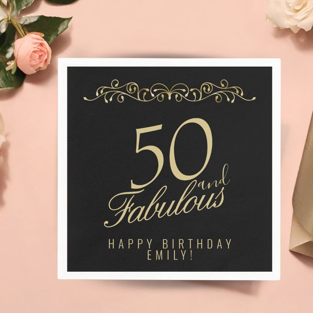 Elegant Black 50 and Fabulous 50th Birthday Napkins (Creator Uploaded)