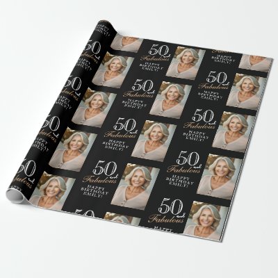 Elegant Black 50 and Fabulous 50th Birthday Photo Wrapping Paper