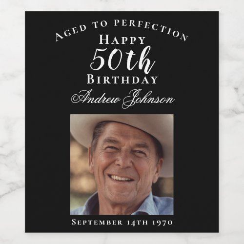 Elegant Black 50 Birthday Aged to Perfection Photo Wine Label