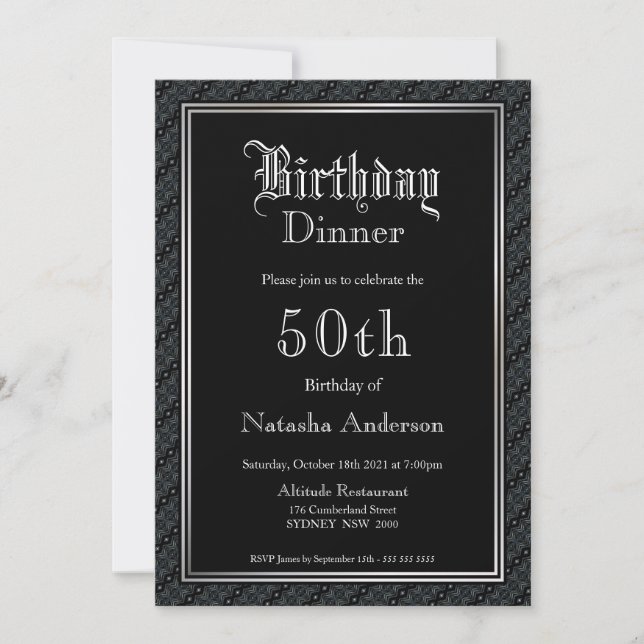 Elegant Black 50th Birthday Dinner Invitation (Front)