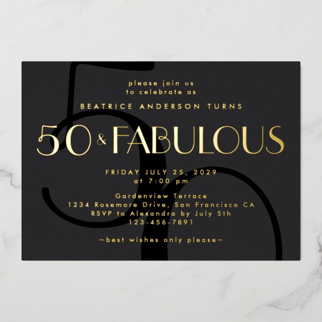 Elegant Black 50th Birthday Party Gold Foil Invitation (Front)