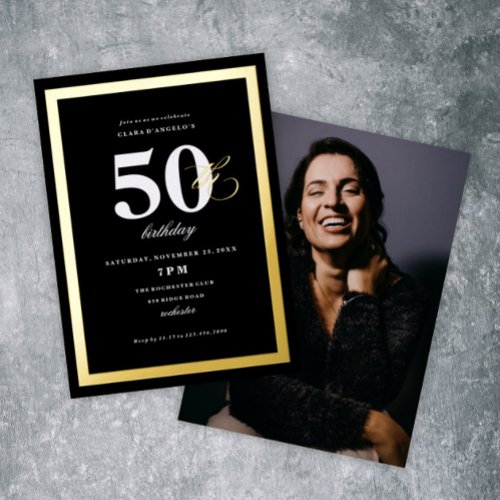 Elegant Black 50th Birthday Party Gold Foil Invitation