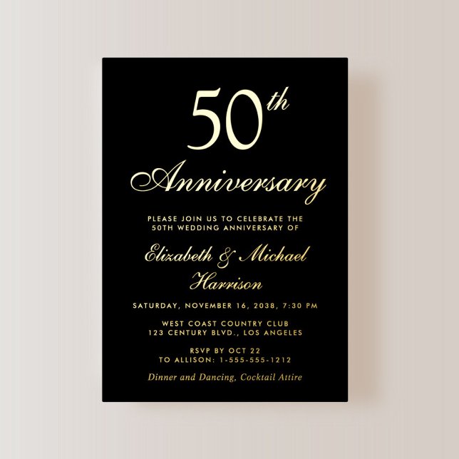 Elegant Black 50th Wedding Anniversary Gold Foil Invitation (Creator Uploaded)