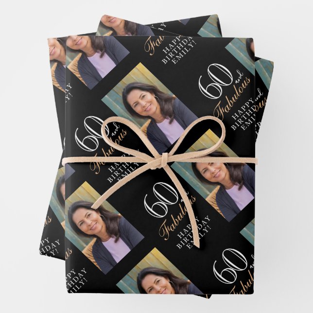 Elegant Black 60 and Fabulous 60th Birthday Photo Wrapping Paper Sheets (In situ)