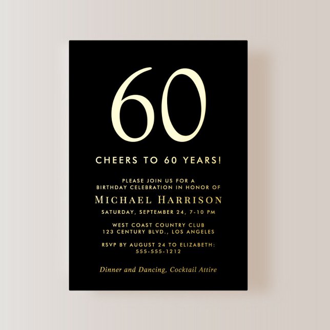 Elegant Black 60th Birthday Party Gold Foil Invitation (Creator Uploaded)