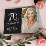 Elegant Black 70 and Fabulous 70th Birthday Photo Card<br><div class="desc">70 and Fabulous Elegant Black 70th Birthday Photo Card. 70 and fabulous text in trendy script with a name on a black background. Personalize it with your photo,  name and age. Add your text inside the card or erase it. It`s a great personalized photo card for a woman`s birthday.</div>