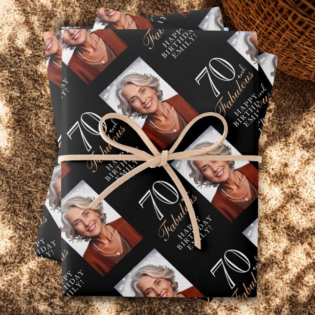 Elegant Black 70 and Fabulous 70th Birthday Photo Wrapping Paper Sheets (Creator Uploaded)