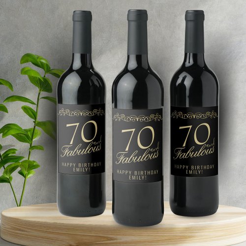 Elegant Black 70 and Fabulous 70th Birthday Wine Label