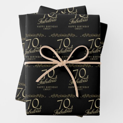Elegant Black 70 and Fabulous 70th Birthday  Wrapping Paper Sheets
