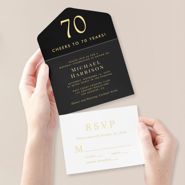 Elegant Black 70th Birthday Party All In One Invitation (Creator Uploaded)