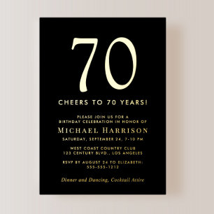 Elegant Black 70th Birthday Party Gold Foil Invitation