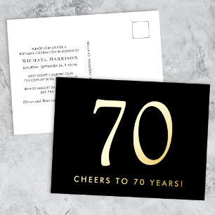 Elegant Black 70th Birthday Party Gold Foil Invitation Postcard