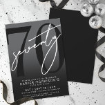 Elegant Black 70th Birthday Party Invitation<br><div class="desc">Celebrate seventy years in style with this modern black and gray 70th birthday party invitation. The design features a large black "70" across most of the card, with a handwritten script-style white "Seventy" layered over it for a bold, contemporary look. The gray background creates an overall black and white effect,...</div>