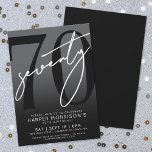 Elegant Black 70th Birthday Party Invitation<br><div class="desc">Celebrate seventy years in style with this modern black and gray 70th birthday party invitation. The design features a large black "70" across most of the card, with a handwritten script-style white "Seventy" layered over it for a bold, contemporary look. The gray background creates an overall black and white effect,...</div>