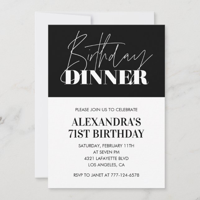 Elegant Black 71st birthday invitations Dinner  (Front)
