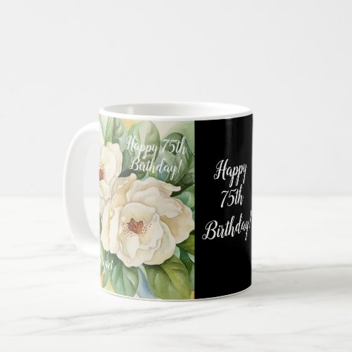 Elegant Black 75th Birthday Magnolia Floral Name Coffee Mug