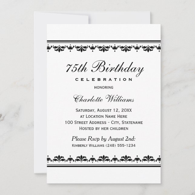 Elegant Black 75th Birthday Party Celebration Invitation (Front)