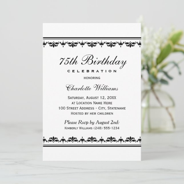 Elegant Black 75th Birthday Party Celebration Invitation (Standing Front)
