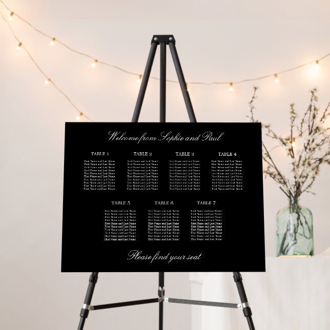 Elegant Black 7 Table Wedding Seating Chart Foam Board (In Situ (Stand))