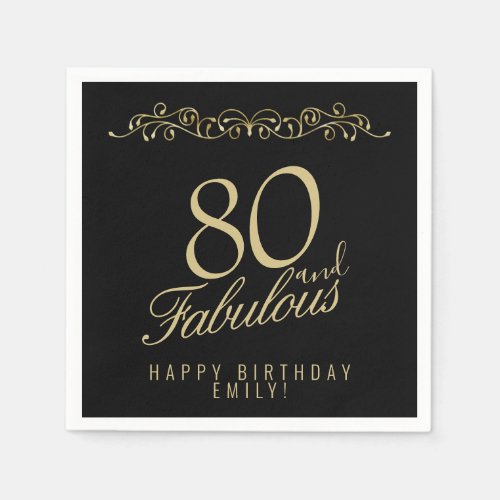 Elegant Black 80 and Fabulous 80th Birthday Napkins