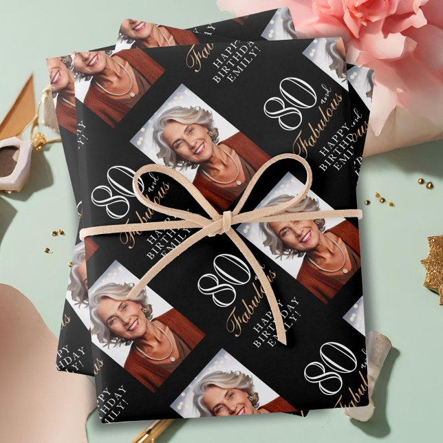 Elegant Black 80 and Fabulous 80th Birthday Photo Wrapping Paper Sheets (Creator Uploaded)