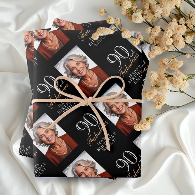 Elegant Black 90 and Fabulous 90th Birthday Photo Wrapping Paper Sheets (Creator Uploaded)