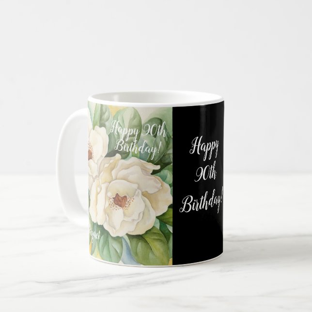 Elegant Black 90th Birthday Magnolia Floral Name Coffee Mug (Front Left)