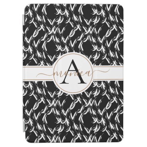 Elegant Black Abstract Floral Gold Monogrammed iPad Air Cover