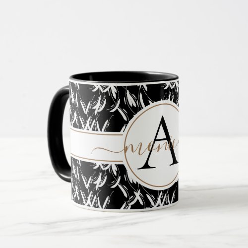Elegant Black Abstract Floral Gold Monogrammed Mug