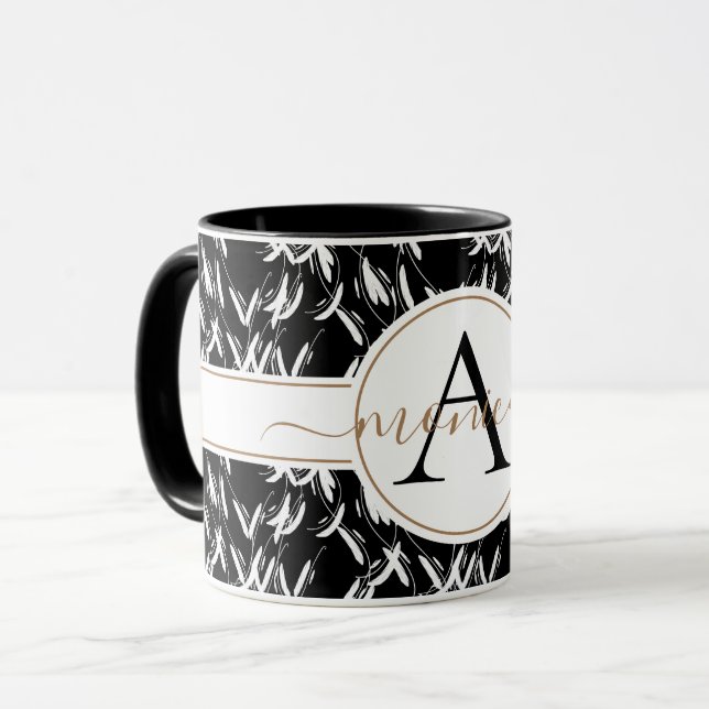 Elegant Black Abstract Floral Gold Monogrammed Mug (Front Left)