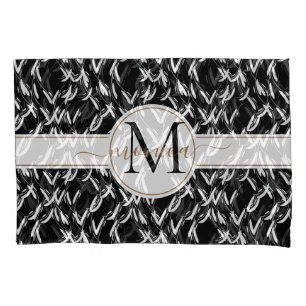 Elegant Black Abstract Floral Gold Monogrammed Pillow Case