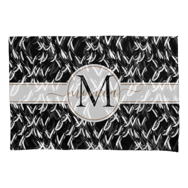 Elegant Black Abstract Floral Gold Monogrammed Pillow Case (Front)