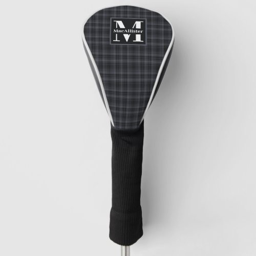 Elegant Black Aesthetic Tartan Plaid Monogram Name Golf Head Cover