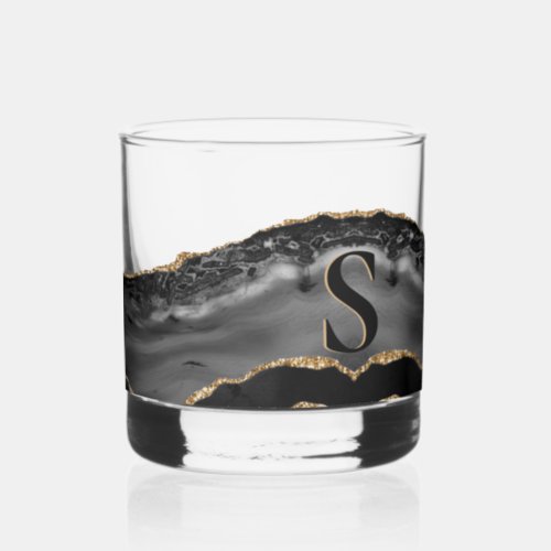 Elegant Black Agate Geode Gold Glitter Monogram Whiskey Glass