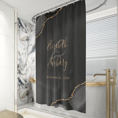 Elegant Black Agate Gold Bride Groom Names Wedding Shower Curtain