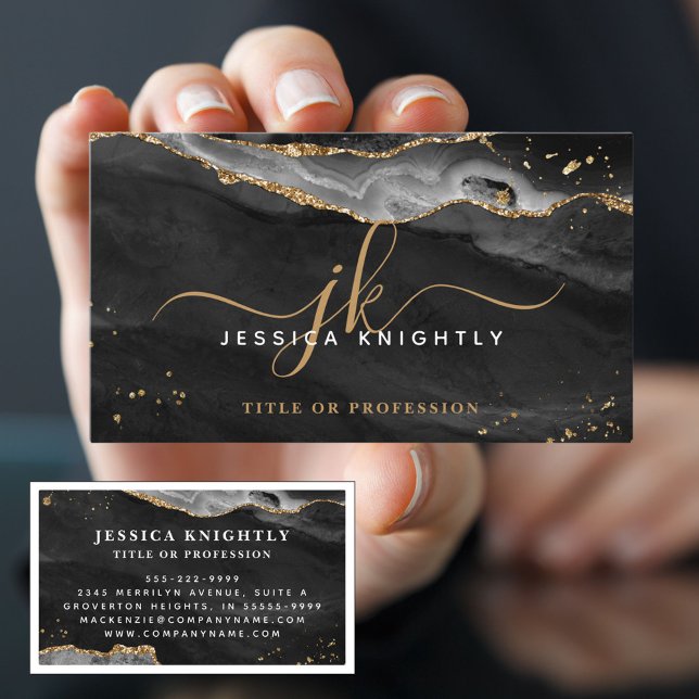 Elegant Black Agate Gold Glitter Script Monogram Business Card (Creator Uploaded)