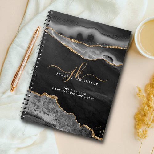 Elegant Black Agate Gold Glitter Script Monogram Notebook