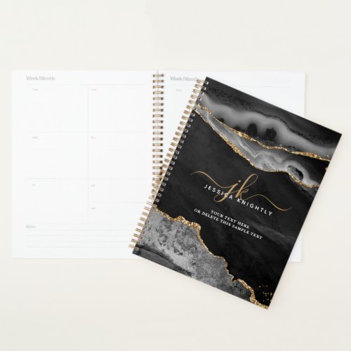 Elegant Black Agate Gold Glitter Script Monogram Planner