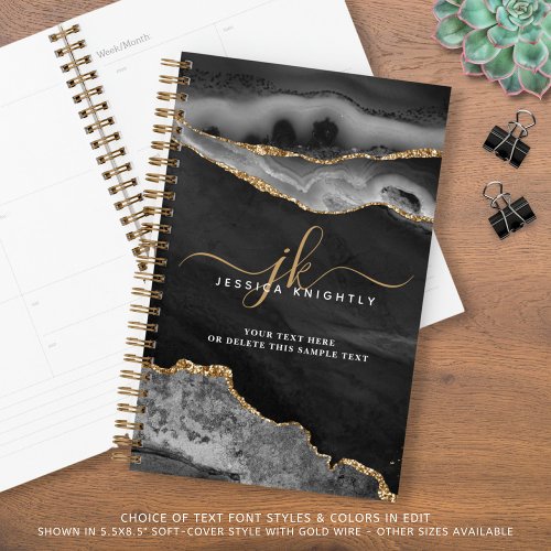 Elegant Black Agate Gold Glitter Script Monogram Planner