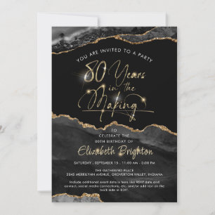 Elegant Black Agate Gold Script 80th Birthday Invitation