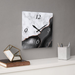 Elegant Black Agate Rose Gold Glitter Marble Square Wall Clock